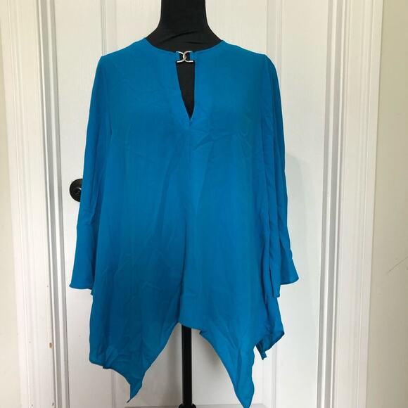 Michael Michael Kors D-Ring Handkerchief-Hem Top Size Medium Blue NWT - Picture 2 of 8